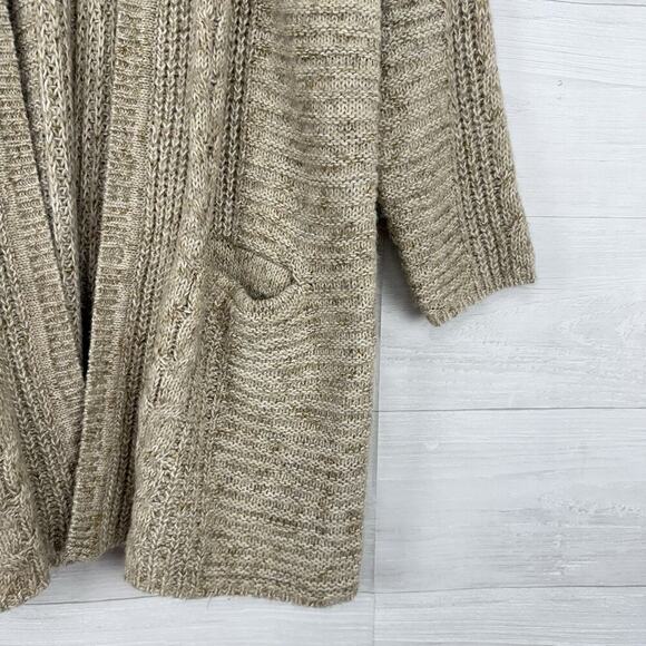 J.Jill Size M Long Cardigan Tan Open Front Cable Knit Lightweight Pockets Cotton - Picture 4 of 15